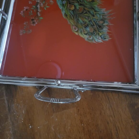 Vintage Peacock Reversed Painted Tray~ Beautiful~ West Germany (US Zone 1950's) - Picture 7 of 8